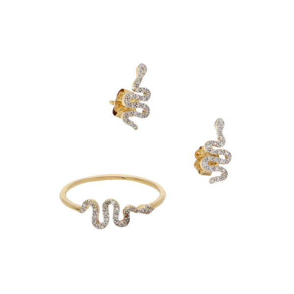 Juego de anillo y broqueles diseño especial motivo serpiente con diamantes firma Tous en oro amarillo 18 kilates.