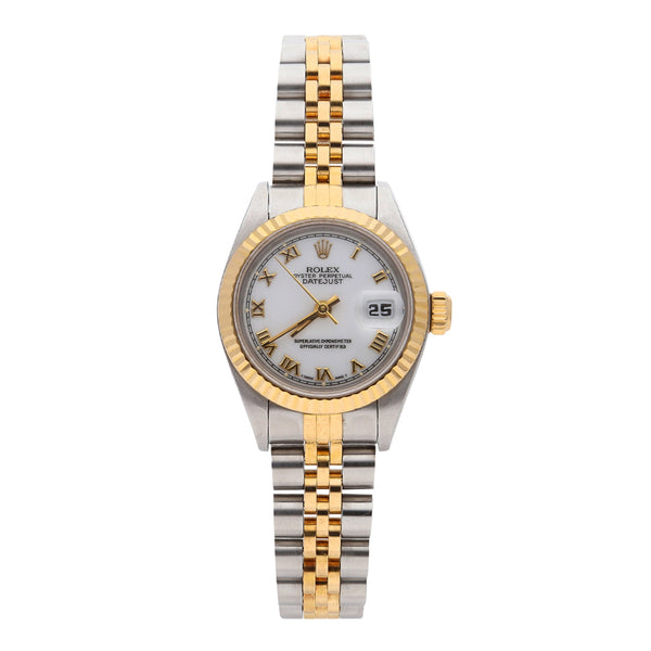 Reloj Rolex para dama modelo Oyster Perpetual DateJust vistas en oro amarillo 18 kilates.