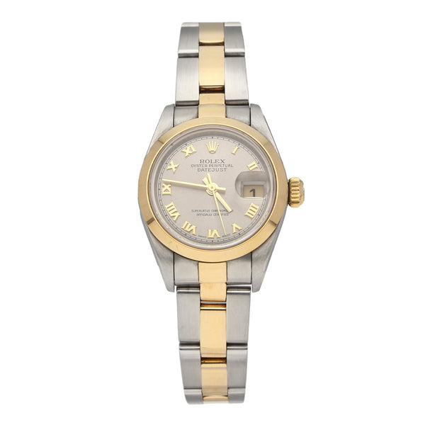 Reloj Rolex para dama modelo Oyster Perpetual DateJust vistas en oro amarillo 18 kilates.