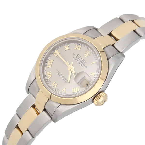 Reloj Rolex para dama modelo Oyster Perpetual DateJust vistas en oro amarillo 18 kilates.